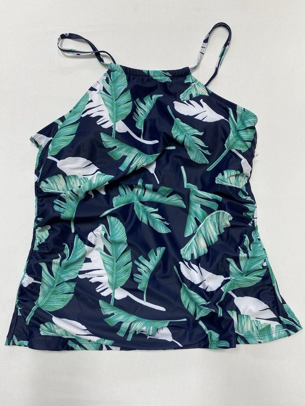 Tropical Palm Leaf Tankini Swimsuit Top XL Navy Blue Green High Neck Ruched